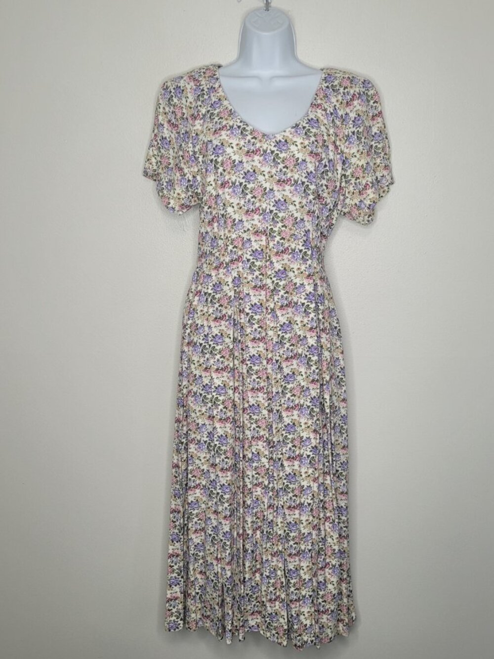 Vintage 90s Expo pink purple floral tie back tradwife modest midi dress size 10